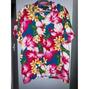 Ralph Lauren 100% viscose Hawaiian shirt pink blue yellow button down size XL